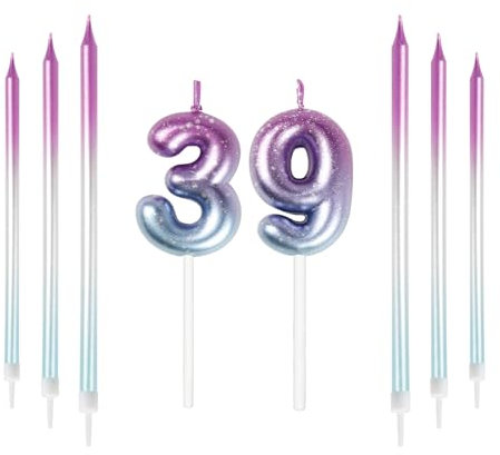 Set di candele colorate con 39° compleanno, candele colorate con candele lunghe viola blu per torta, topper per torta di compleanno, per ragazzi, ragazze, uomini, donne, decorazioni per feste di
