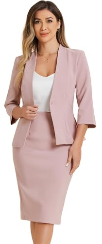 Allegra K Business Suit for Women 2 Piece Skirt Set Office Work Outfit Pink