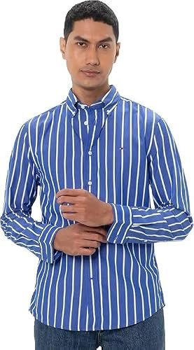 Tommy Hilfiger Uomo Camicia Flex Poplin Nautical in Cotone, Multicolore (Optic White/Wedge Blue), S