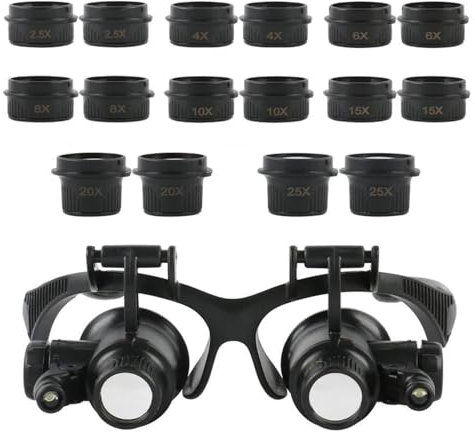 Mikroskop pannband LED-ljus ögonförstoringsglas 2,5 x 4 x 6 x 10 x 15 x 20 x 25 x optisk lins glaslupp för urmakare smycken reparation (A)