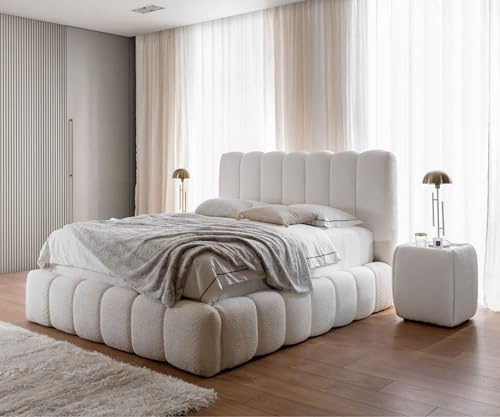 FURNISTAR Polsterbett Chloe mit Bettkasten, Bett 200x200, Doppelbett mit Stauraum und Lattenrost, Boxspringbett-Optik, ohne Matratze, Schlafzimmer - Hellcreme