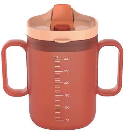 Rubu22a Gobelet anti-fuite pour personnes âgées, 300 ml, gobelet anti-fuite pour adultes et enfants, avec 2 anses avec couvercle et paille (rouge)