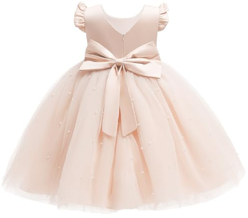 JiAmy Vestidos de flores para niña, sin mangas, cuello en V, bowknot boda, dama de honor, vestido de fiesta, vestido de princesa de tul para niñas de 4 a 7 años, champán, 4 años