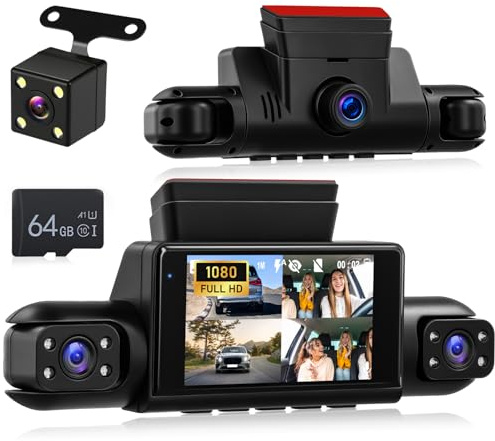 NHOPEEW Dash Cam a 4 canali anteriore e posteriore - Telecamera per auto a 360 gradi con display da 3 pollici, visione notturna IR, registrazione in loop, rilevamento del movimento + scheda TF da 64G