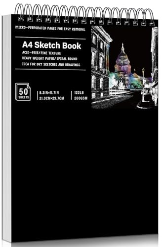A4 Hardcover Spiral Sketchbook, 200gsm Paper, 50 Sheets, Black | Acid-Free Thick Paper, 360° Spiral Binding, Hard Cover, for Pencil Charcoal Ink, Studio Or Travel Use