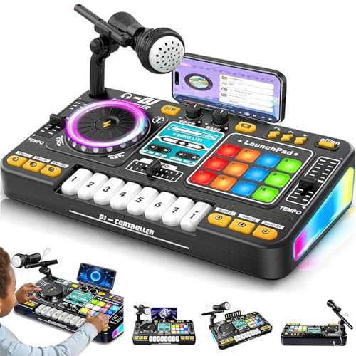 DJ-mixer DJ-bord for 3-10 år DJ-kontroller DJ-mixer musikinstrument med mikrofon, BT 5.0, ljudeffektlampa med batteri, presentleksak for DJ-nybörjare pojkar flickor(Black)