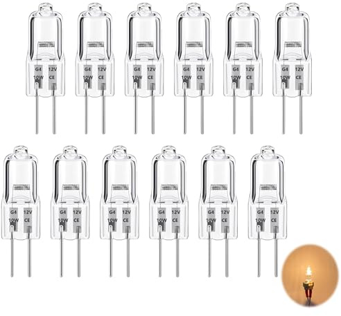 TASSFROO 12 bombillas halógenas G4, regulables, luz blanca cálida para horno, G4, 10 W, 12 V, 10 W, con acabado de cápsula, luz de techo halógena regulable para lámparas de horno y plafones