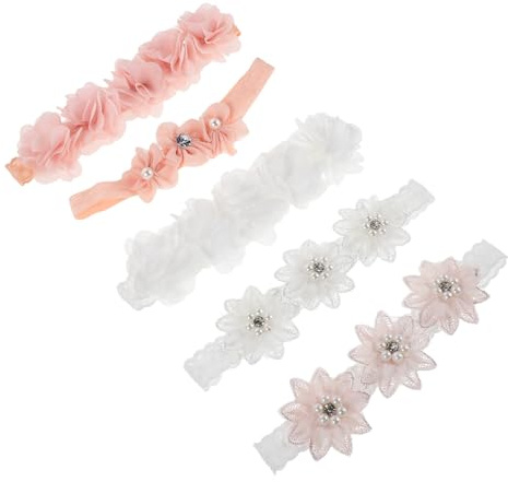WATIIFUFU Set 5 Fasce per Neonata Fiori e Perle Cerchietti Elastici Regolabili per Bambine Accessori Chioma Eleganti per Battesimi Feste e Uso Quotidiano
