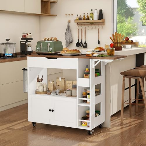 YU YUSING Isola Cucina con Piano Ribaltabile, Carrello da Cucina Salvaspazio con 4 Ruote, Mobile Cucina con 4 Ripiani, Mobile Microonde, Credenza Cucina, Manico in Ferro, Cassetto, 104x40x89cm, Bianco