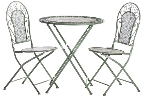 Garden Gear Dorset Wrought Iron Garden Bistro Set Victorian 2-Seater Foldable Outdoor Table and Chairs Antique Style Laurel Green