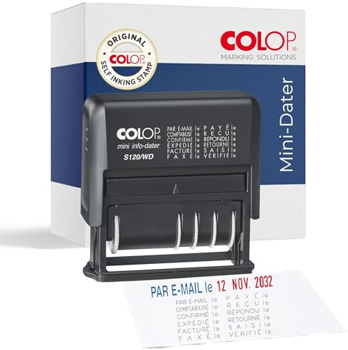 Tampon dateur COLOP S 120/WD | 12 textes + date | Bleu/Rouge | 4 mm | Date (bande de 12 ans) et 12 textes réglables. Empreinte bicolore, idéal pour les fournitures de bureau.