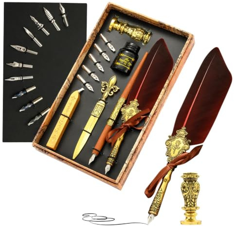 Quill Pen Ink Set | Vintage kalligrafi fjäderpenna för att skriva | Fjäder kalligrafi penna bläckset med ersättningsspetsar, bläck, vaxtätningsstift, stämpel, dip penna presentset
