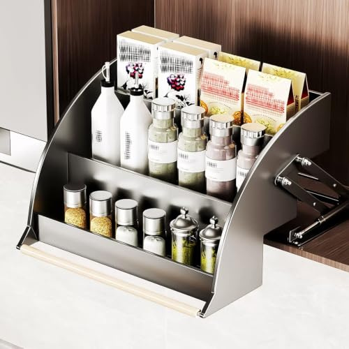 3-våningars Nedfällbar Organizer för Överskåp, Kryddhylla i Tjockt Kolstål med Handtag, Mjuk Dämpning för Enkel Åtkomst, Maxlast 15kg(Width 40cm)