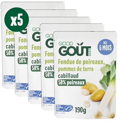 GOOD GOÛT - Fondue de Poireaux Pommes de Terre Cabillaud - Plat cuisiné pour Bébé - Dès 6 mois - Purée - Fabriqué En France - Sachets Micro-Ondables - 5x190g