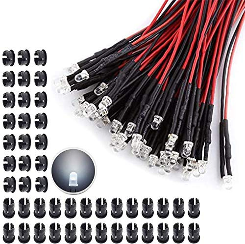 RUNCCI-YUN 65 st vit DC 12 V förkopplat ljus, 3 mm lysdioder med 20 cm kabel, förkopplade LED-dioder ljus, 12 V LED vit 65 st 3 mm plast LED monteringslåg