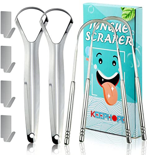 Zungenreiniger (4 Stück) – Zungenschaber Edelstahl mit Mini-Haken, Zungenreiniger Metall gegen Mundgeruch, Zungenbürste für Erwachsene und Kinder