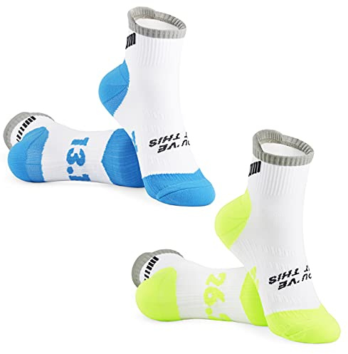 Calzini motivazionali da uomo e donna, confezione da 2 pezzi, diverse confezioni da 5 k, 10 k, mezza maratona e completa., Mens Half & Full Marathon - Blue/Green, Taglia unica