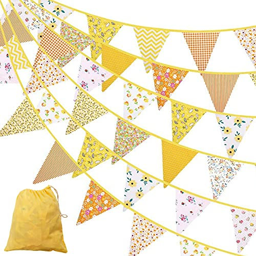 12M/40FT Fabric Bunting Decorations, 42pcs Yellow Bunting Fabric for Spring Summer Reusable Floral Banner for Garden Outdoor Afternoon Tea Triangle Flag for Easter Wedding Birthday Party Decorations.