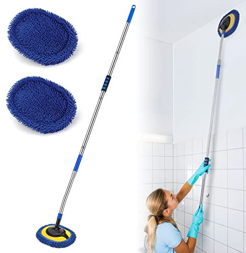 Wall Cleaner, Max 66'' Wall Mop with Long Handle, Ceiling Dust Mop with 15° Labor-Saving Elbow Extension Pole, Baseboard Duster Washer Scrubber, High Reach Window Cleaning Brush, Roof Cleaning Tool-BU