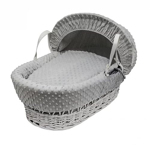 Kinder Valley Grey Dimple White Wicker Moses Basket with Full Bedding Set, Adjustable Hood, Fibre Mattress & Padded Liner