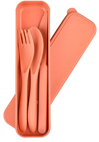 Cubiertos de plástico reutilizables con estuche, juego de utensilios oscuros portátiles para niños y adultos, vajilla para camping, apto para lavavajillas(naranja)