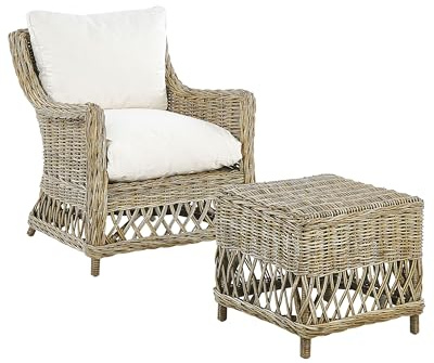 Beliani Poltrona da giardino in rattan naturale con cuscini in cotone bianco