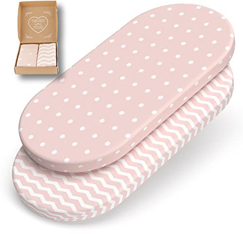 mimaDu - 2er Set Spannbettlaken aus Baumwolle OekoTex 75x35cm auch für 70x32, 70x37, 70x30 - Baby Spannbetttücher für Kinderwagen, Stubenwagen, Moseskorb - Babybettlaken oval hautfreundlich (Rosa)