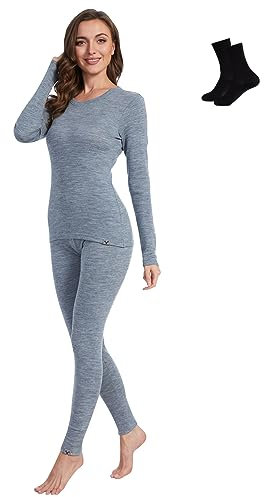 MERINNOVATION Merinoull baslager set för kvinnor, 100 % merinoull, termiska underställsset, lätt – medelvikt, topp, botten, Grått 250, S