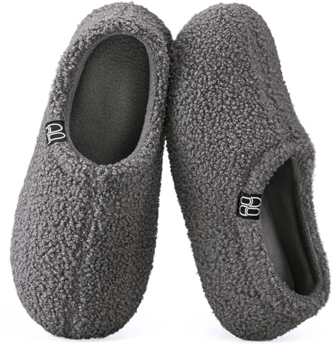 HomeTop Women's Fuzzy Curly Fur Memory Foam Loafer Slippers Bedroom House Shoes with Polar Fleece Lining (8.5 US,Dark Grey)