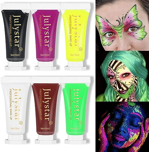 6 Stück Face Painting Glow-in-the-Dark Paint Set, wasserlösliche fluoreszierende Graffiti Farbe für Halloween Body Painting, Party Rave Art Graffiti