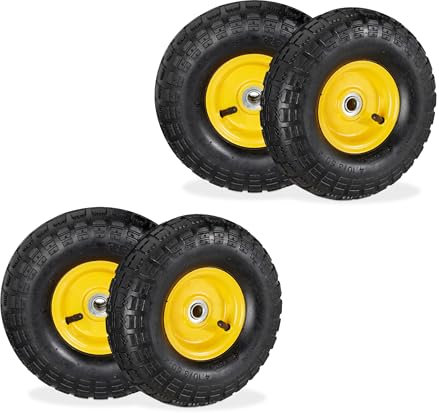 Relaxdays 4 Ruedas de Carro, 4.10/3.50-4, Neumáticas, Eje 16 mm, 136 kg, Llantas de Acero, 260 x 85 mm, Negro y Amarillo