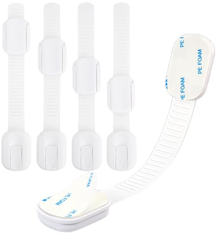 Giantzhong 4 pezzi di sicurezza per bambini, cassettiere per armadi, cassetti, serratura per porta, con adesivo forte da 3 m, lunghezza regolabile, colore bianco