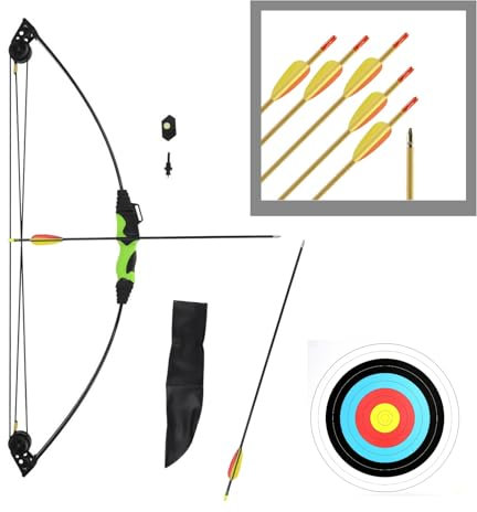 BSW-Flitzebogen Kinderbogen Compoundbogen Set Anfängerbogen Bogenschießen 5-10 Jahre (schwarz mit zusätzlichen Pfeilen und Ziel)