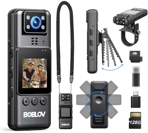 BOBLOV A23 Mini Body Cameras, 128GB Body Cam with Rotate Lens, up to 9 Hours Battery Life, Bodycams with Bike Mount, Night Vision, 360° Clip, Lanyard for Walking, Cycling, and Outdoor Adventures