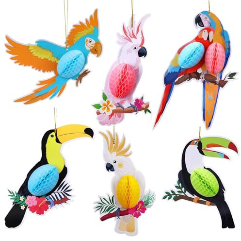6 Stück Hawaii Papagei Deko, Papier Papagei Dekoration, Tropische Vogeldekoration Hawaii Sommer,Tropical Party Dekorationen für Luau Party