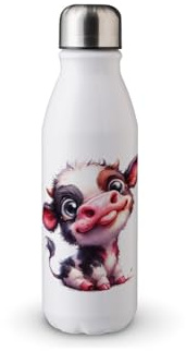 MAXIKIWI Einwandige Wasserflasche mit Schraubverschluss, nicht isoliert, leichtes Aluminium, BPA-frei, auslaufsicher, lustig, niedliches Kuh-Design, 2–500 ml