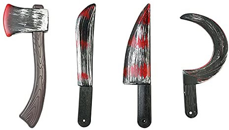 Naugan 4Pc Halloween Plastic Fake Bloody Props Weapon Knife Ax Cleaver Sickle Role-Playing Horror Toy Halloween DIY
