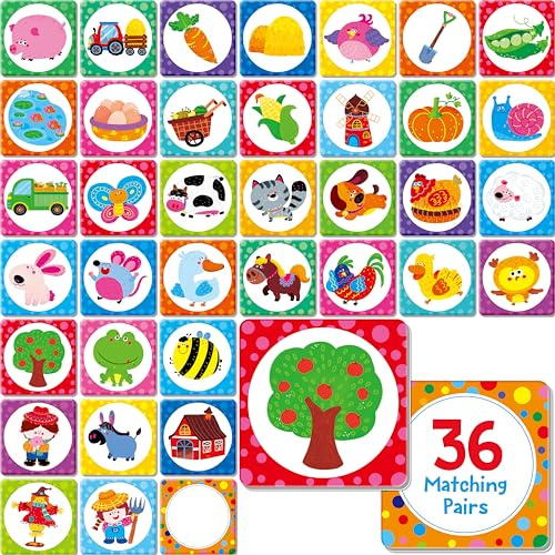 Juego de Memoria de 72 PCS, Tarjetas de Emparejamiento de Animales de Granja para Niños Pequeños, 36 Pares, Juguete Educativo para Niñas y Niños, Preescolar a Partir de 2 Años
