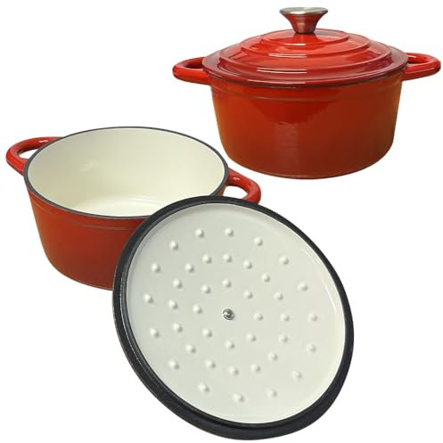 2.7L Round Casserole Dish with Lid - Cast Iron Ceramic Induction Hob and Gas Safe Dutch Oven Pan Roasting Cooker Pot | For Kitchen Cooking Dishes & Roasting Stew | 2.7 Litre - Red