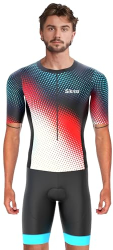 Sikma Traje de triatlón de malla transpirable para hombre, de media manga, acolchado, con reflejo de alta visibilidad, un bolsillo trasero y banda de potencia para las piernas, negro/ rojo, L