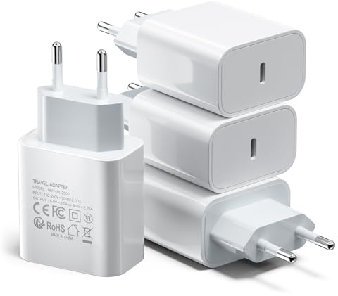 [4-Pack] 25W USB C-laddare, USB C-strömförsörjning snabbladdare, USBC-kontakt PD 3.0 strömadapter universell, kompatibel med iPhone 16/15/14/13/Samsung S25/S24/S23/Google Pixel/iPad/Tabletter