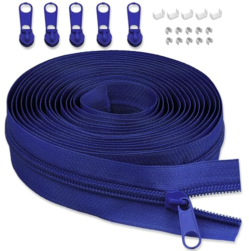LHZHLE 5 mm endless zip with zip: 3.65 m royal blue nylon zip - sold by the metre with 5 zip pulls for sewing, bedding and pillows
