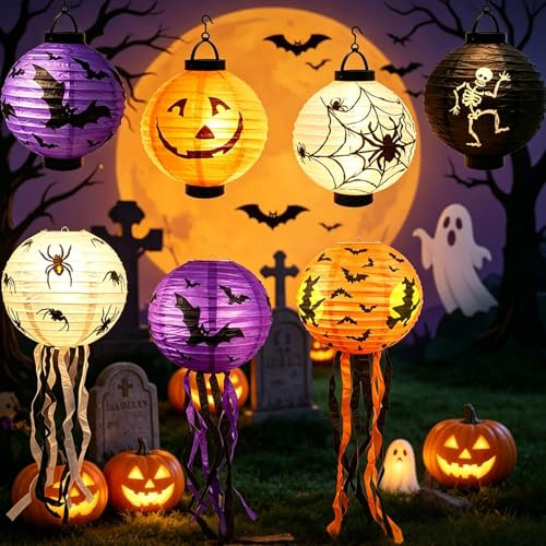 Herbst 7 lanterne per Halloween, Ø 20 cm, rotonde, pipipistrello, scheletro, strega, zucca, lanterna di carta, pieghevole, decorazione per Halloween, lanterna di carta con nappe, lanterna per bambini