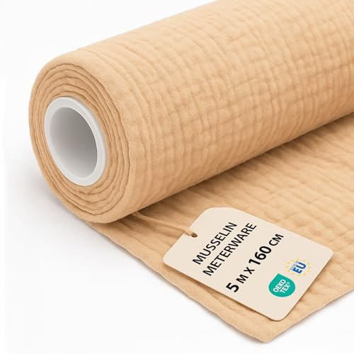 Tyg Metervara Muslin Bomull 5 M x 160 cm Lätt Sytyg – Mjukt Andningsaktivt för Filt Bordslöpare Sommarklänning Baby Accessoarer Luftigt Skönt med Oeko Tex Beige