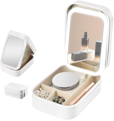 Beauty case da viaggio con specchio LED, scatola cosmetica portatile con divisori regolabili, custodia per trucco illuminata con 3 modalità di colore, scatola per il trucco impermeabile per donne con