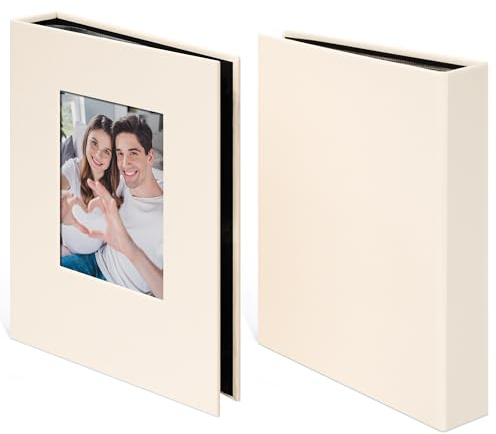 Hiwhy Album Fotografico 2 Pezzi con 24 Tasche Copertina in Lino con Finestra Personalizzabile Pagine Nere per Foto 10x15 per Famiglia Viaggi e Ricordi, Beige