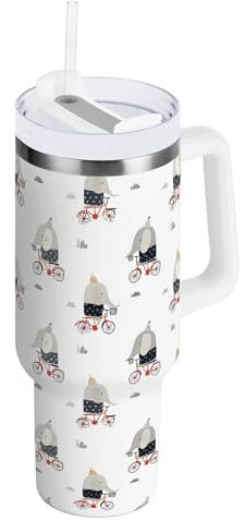ALAZA Coffee Cup 30 oz Stainless Steel Water Bottle Travel Mug with Straw Lip and Handle Elephants Cute Leakproof Insulated Tumblers Drink Flask Sports Metal Bottle for Iced Hot Tea