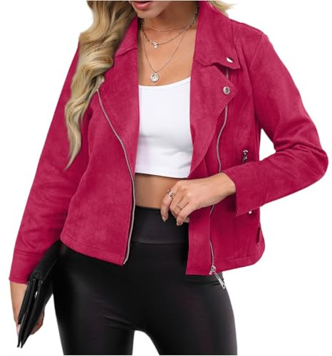Générique Veste Femme mi Saison Suede Like Moto Bomber Jacket Cropped Slim Fit Lapel Collar Zipped Front Metallic Accents Long Sleeves Veste Legere Printemps Automne Chic Elegant Outwear