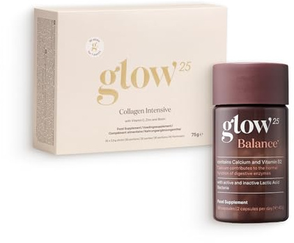 Glow25® Duo Balance & Collagène Intensif – Balance avec ferments lactiques, inuline, calcium & vitamine B2 + Collagène Intensif avec tripeptides, vitamine C, zinc & biotine – Peptides de type 1 et 3