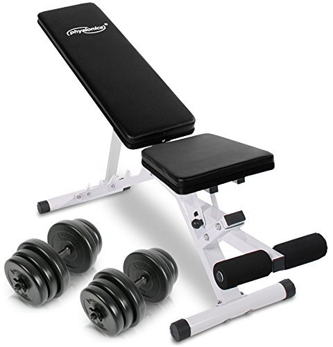 Physionics® Multifunktion Hantelbank + Kurzhantel Set 40kg - verstellbar, klappbar, inkl. 12 Gewichte aus Kunststoff - Schrägbank, Flachbank, Trainingsbank, Fitnessbank, Hantelstangen, Kurzhanteln